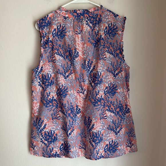 Talbots RUFFLE TRIM SHELL DYNAMIC CORAL Blue Sleeveless Blouse Mandarin Collar L - Picture 10 of 10